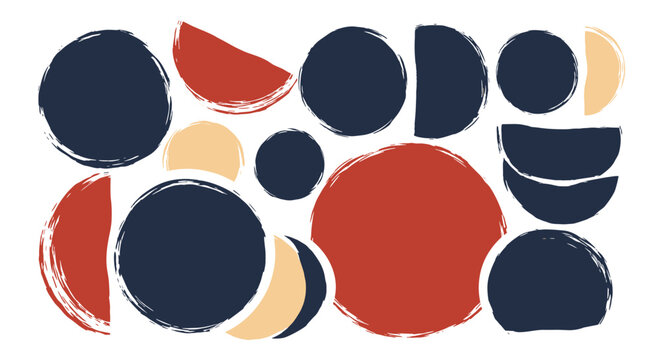 Abstract geometric composition of circles and semi-circle shapes with a painterly brush stroke texture in navy and terracotta.