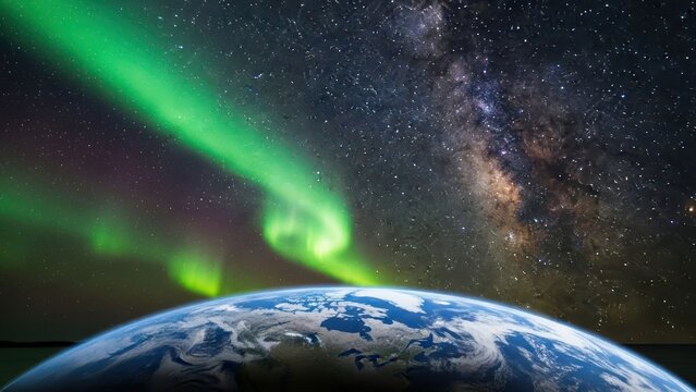 Aurora borealis and Milky Way above Earth's curved horizon