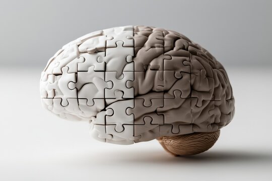 Human brain model with puzzle pieces on white background