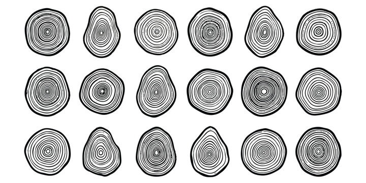 Set of black and white tree ring cross section icons showing wooden annual growth rings