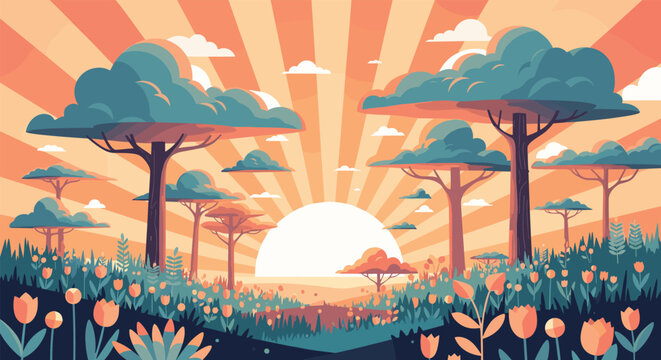Beautiful sunset or sunrise landscape in a pixel art style with tall trees and a meadow full of orange tulips and green grass.