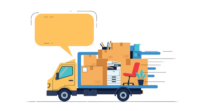 Yellow moving truck packed with cardboard boxes an office chair and a printer with a large empty speech bubble for text on a white background space.