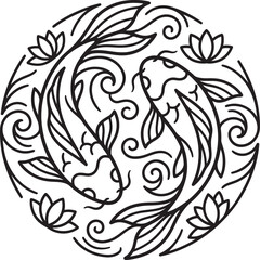 Obraz premium Japanese Koi Fish Circle Black and White Line Art