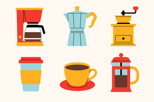 Colorful flat design coffee maker and coffee cup icons collection