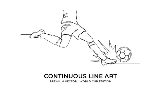 Soccer player kicking ball in continuous line art style World Cup Edition vector illustration