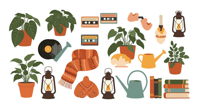Large set of cozy lifestyle items including potted plants books lanterns watering cans a scarf and music cassettes in warm earthy tones collection.