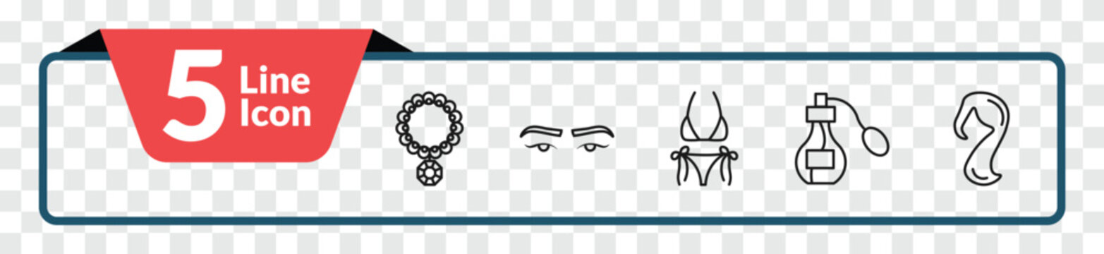 outline woman clothing icons set - necklace, eyebrow, parfume, female long black hair. editable vector for web and mobile ui