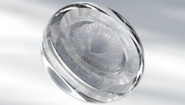 3D render transparent glass lens abstract geometric coin shape circular crystal ring element with wavy core structure glossy chrome reflection realistic background graphic backdrop for digital art dis