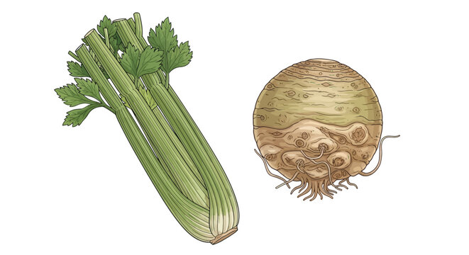 Celery stalks with green leaves and raw celeriac root isolated on white background. Hand drawn illustration of fresh organic healthy vegetables for cooking.