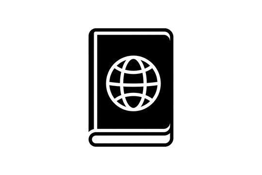 A simple minimalist black silhouette icon of a travel passport, representing international flights, tourism, and personal identification, isolated on white.