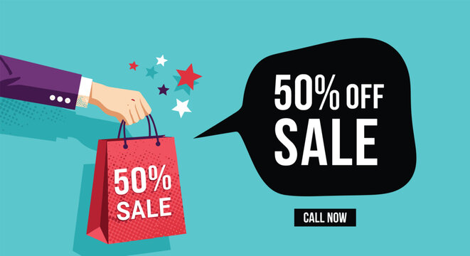Stylish hand holding red shopping bag with fifty percent off sale promotion message on blue background with colorful stars.
