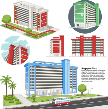 A set of Singapore public housing blocks in flat infographic style, each shown from different perspectives, with some surrounded by greenery, roads, and a bus in clean isometric design.