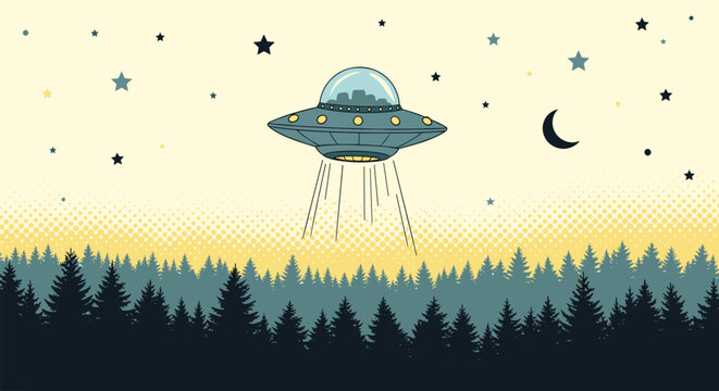 Sci-fi night landscape shows a flying saucer ufo hovering over a dark pine forest with a crescent moon and stars in the sky.
