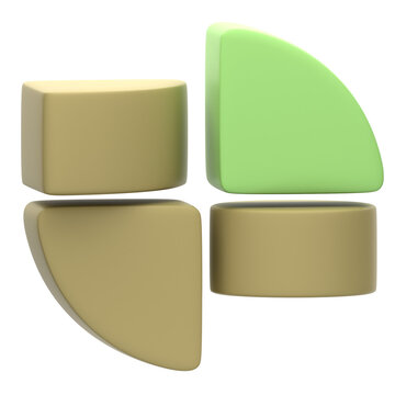 A graphic illustration of four 3D shapes in gold and green colors.