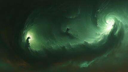 Fototapeta premium Abstract swirling green nebula in deep space with bright light.