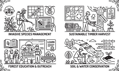Obraz premium Invasive species management sustainable timber harvest forest education outreach soil and water conservation icons.