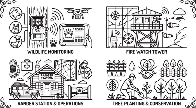 Wildlife monitoring fire watch tower ranger station operations tree planting conservation icons set.