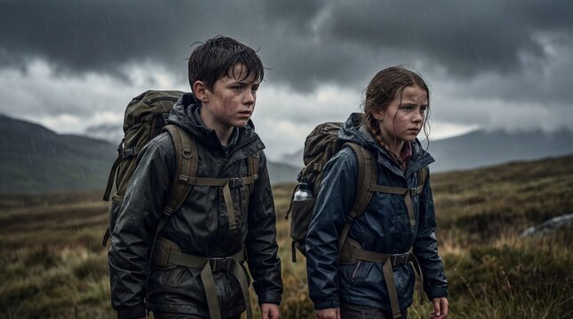 Two young hikers with backpacks traverse a rugged, cloudy mountain landscape, embodying resilience and adventure.