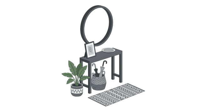 Modern Hallway Entrance Furniture Set: Console Table, Mirror, Plant, Rug, Umbrellas
