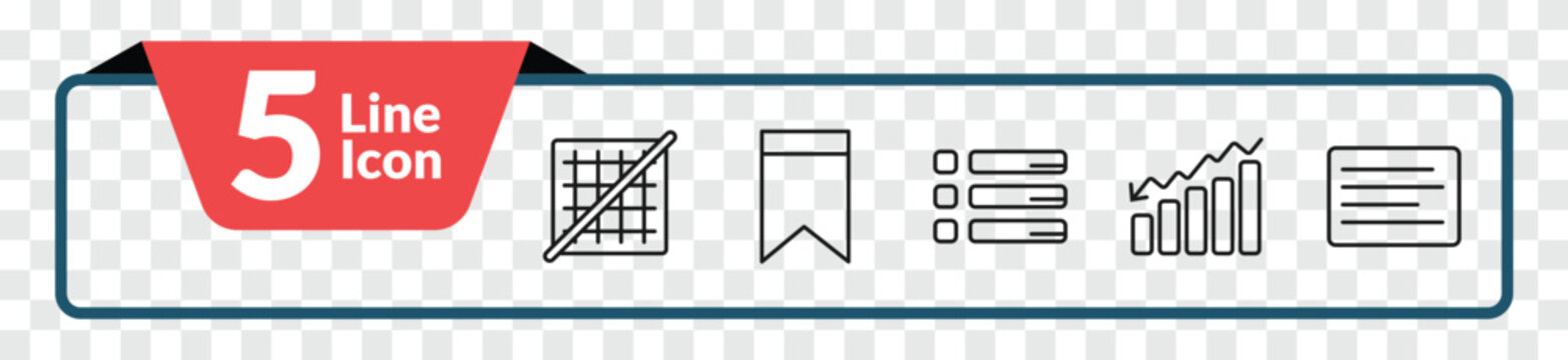 outline user interface icons set - grid off, bookmark, decreasing bars chart, left side alignment. editable vector for web and mobile ui