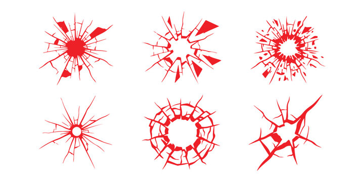 Set of broken glass cracks and shattered hole patterns in red and black colors