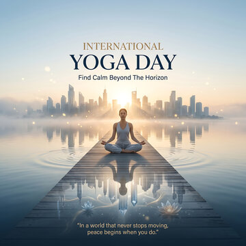 Serene woman practicing yoga in meditative pose on wooden dock at sunrise with city skyline in background promoting international yoga day
