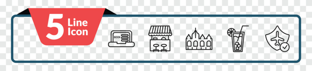 Obraz premium outline travel icons set - online booking, food stand, lemonade, travel insurance. editable vector for web and mobile ui