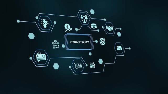 Corporate productivity concept with digital network icons representing task efficiency and business growth.