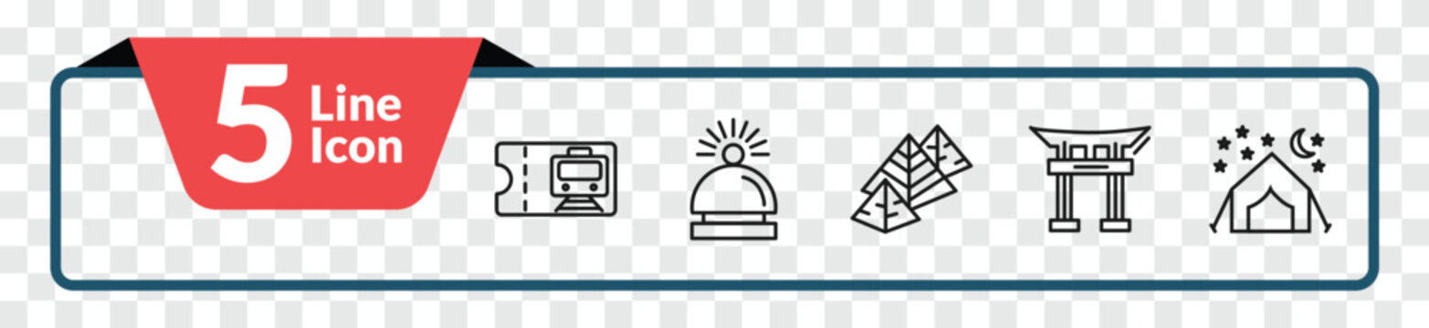 outline travel icons set - train ticket, hotel bell, torii, camping tent. editable vector for web and mobile ui