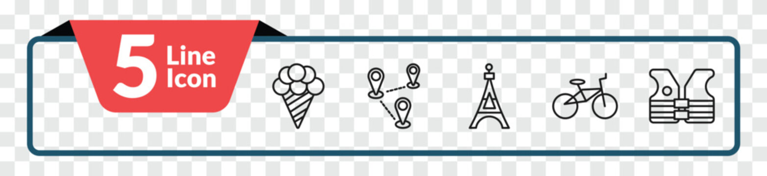 outline travel icons set - icecream, road map and pin, bike, lifejacket. editable vector for web and mobile ui