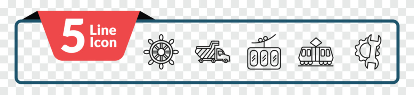 outline transport collection. icons set - ship wheel, haul, tramway, repair. editable vector for web and mobile ui