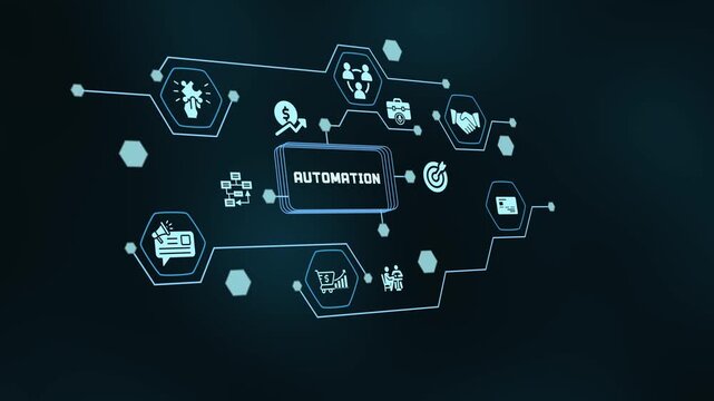 Business automation concept featuring digital network interface icons for smart workflow and process control.