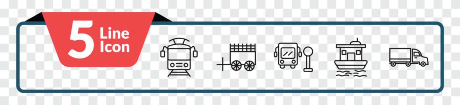 outline transportation icons set - tram front view, oxcart, houseboat, eighteen-wheeler. editable vector for web and mobile ui