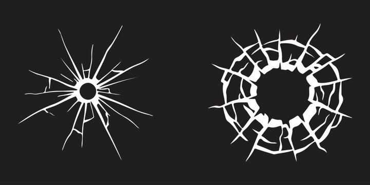 Set of two white broken glass cracks and bullet hole designs on a black background