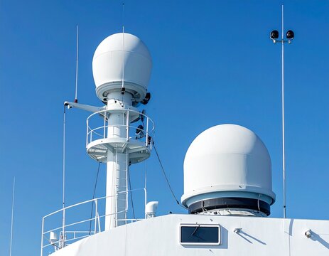 Ship radar antenna on vessel mast under blue sky, marine navigation equipment and maritime technology concept