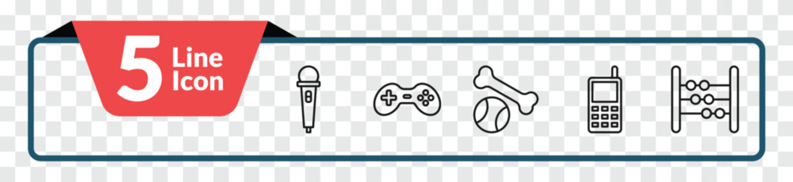 outline toys icons set - microphone toy, gamepad toy, phone toy, abacus editable vector for web and mobile ui
