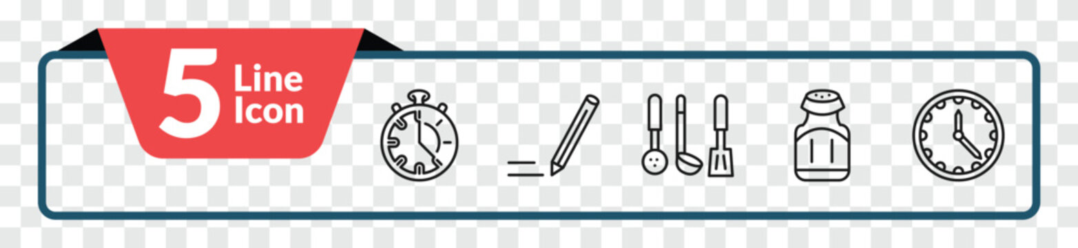 outline tools and utensils icons set - minute, pencil tool, pepper container, clock and watch. editable vector for web and mobile ui