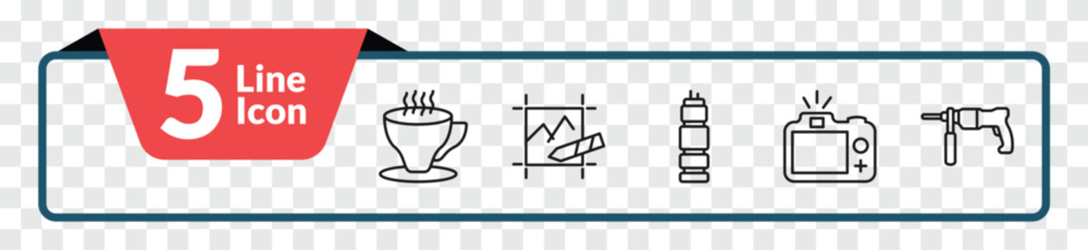 outline tools and utensils icons set - cup of tea, edit picture, camera with flash, hammer drill. editable vector for web and mobile ui