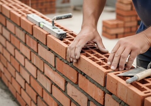Closeup of a bricklayer laying bricks for a wall construction project