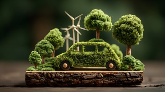 Miniature car covered in moss with trees and wind turbines representing sustainable transport and green energy.