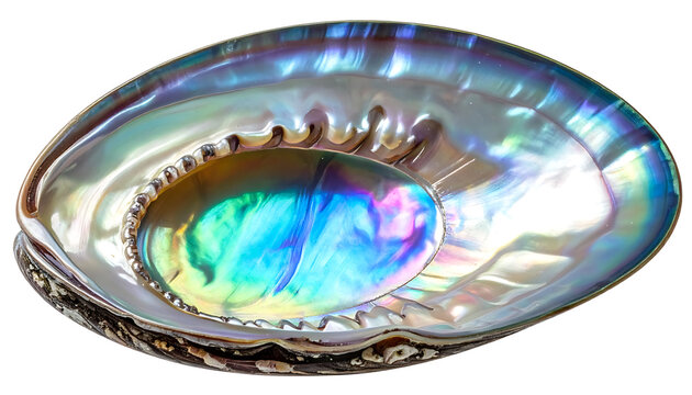 Iridescent abalone shell interior with vibrant rainbow colors and pearlescent sheen, isolated cutout for design