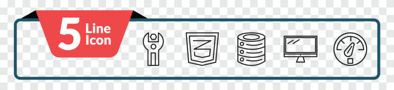 outline technology icons set - sdk, css3, screen blank, vehicle speedometer. editable vector for web and mobile ui