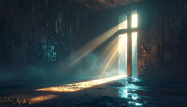 Hope and salvation symbolized by light rays streaming through a cross-shaped opening in a dark, textured room, spiritual illumination and new beginnings