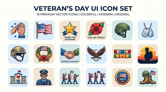 Collection of colorful patriotic military icons featuring service badges, national flags, army gear, and commemorative symbols for honoring veterans and heroes