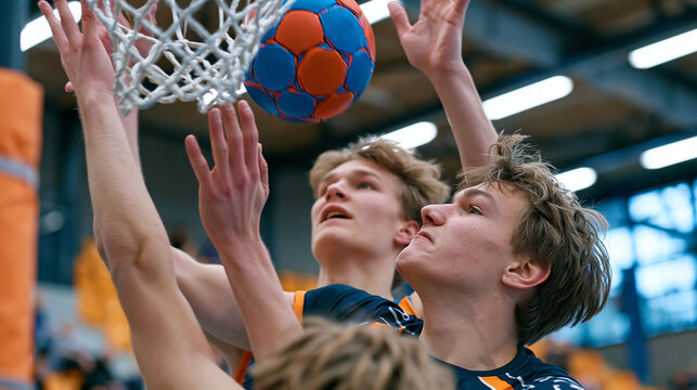 Korfball post shot rebound contest with tall defender body blocking shorter attacker in mixed team league match, indoor sports hall, close action under cylindrical post basket, technical foul risk m