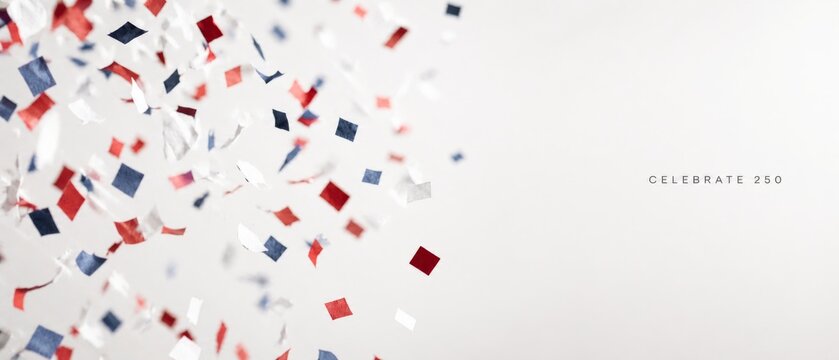 USA 250 anniversary sale banner with red, white, blue confetti on left, Celebrate 250 text on right, ample copy space, patriotic promotion background for independence event marketing and retail