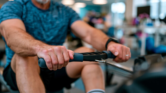 Para rowing adaptive athlete close up hands on oar handle demonstrating grip adaptation technique at indoor ergometer testing station, hospital physiotherapy environment, strength assessment for row