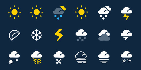 Obraz premium Weather Icons Collection Flat Two Color Design On Dark Background