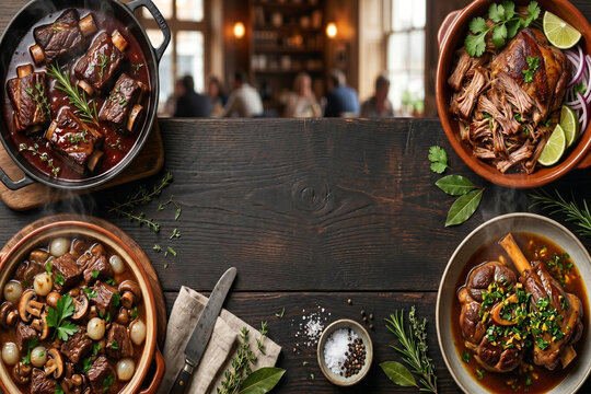 Slow cooked beef short ribs, pulled pork, osso buco, and bourguignon on a dark wooden table