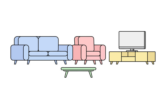 Modern Living Room Furniture Set: Sofa, Armchair, TV Stand, Coffee Table - Flat Design